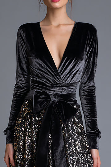 Sequin Black V-Neck A Line Long Sleeve Formal Dress with Bow